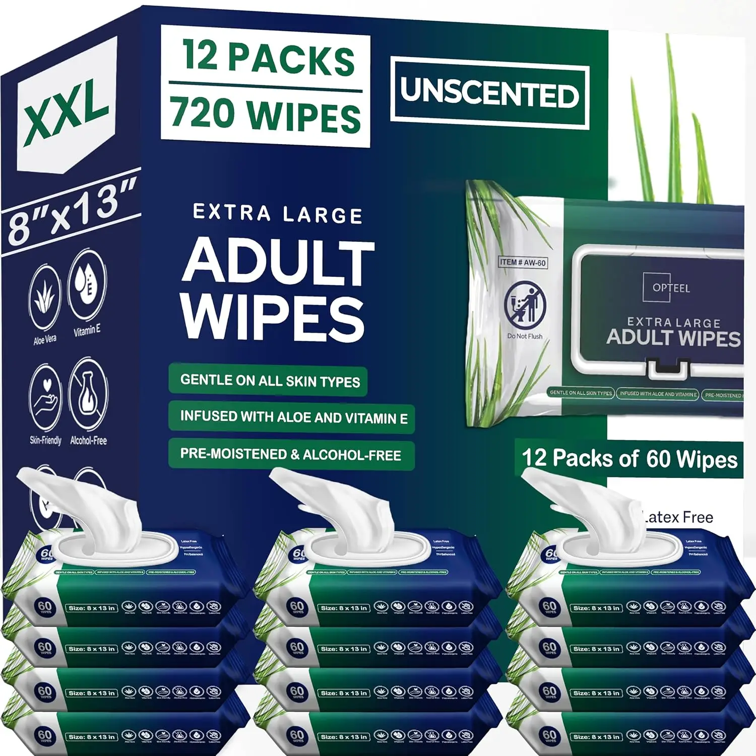 

Extra Large Adult Wet Wipes for Elderly Care - Soft Disposable Washcloths with Vitamin E & Aloe, 720ct (12 Packs of 60)
