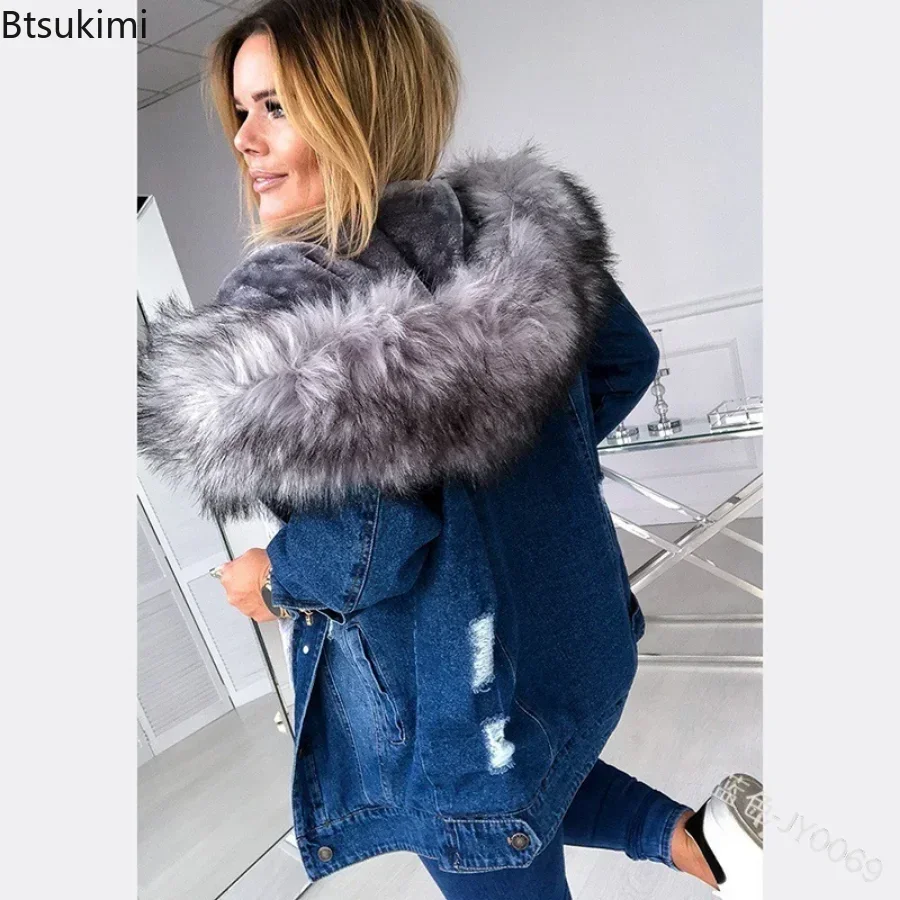 2024 outono inverno feminino quente gola fofa com capuz denim jaqueta casaco grosso de pelúcia forrado manga longa jeans casaco feminino outwear