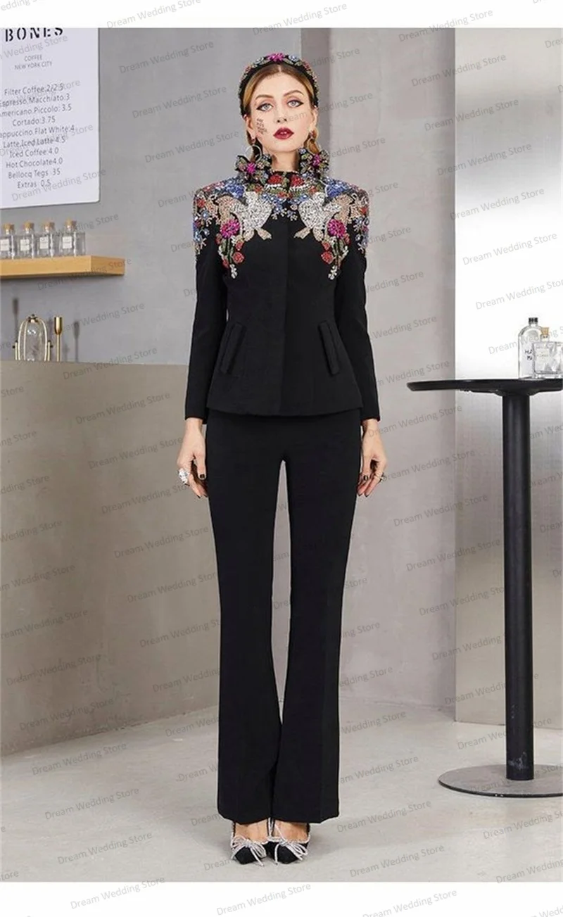 Luxury Appliqued Beads Women Suits Pants Set 2 Pcs High Neck Jacket+Flare Trousers Custom Made Formal Prom Dress Wedding Tuxedos