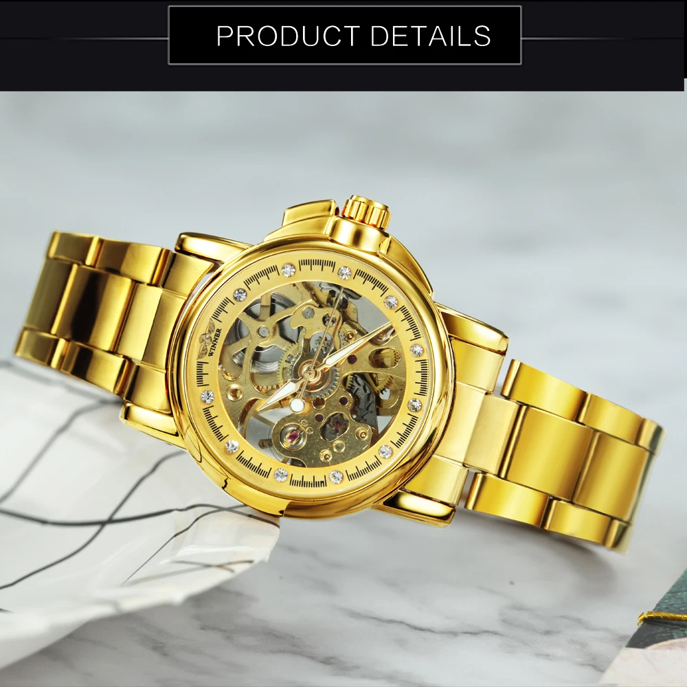 WINNER Fashion Elegant Mechanical Watch for Women Gold Skeleton Luxury Iced Out Automatic Ladies Watches Stainless Steel Strap