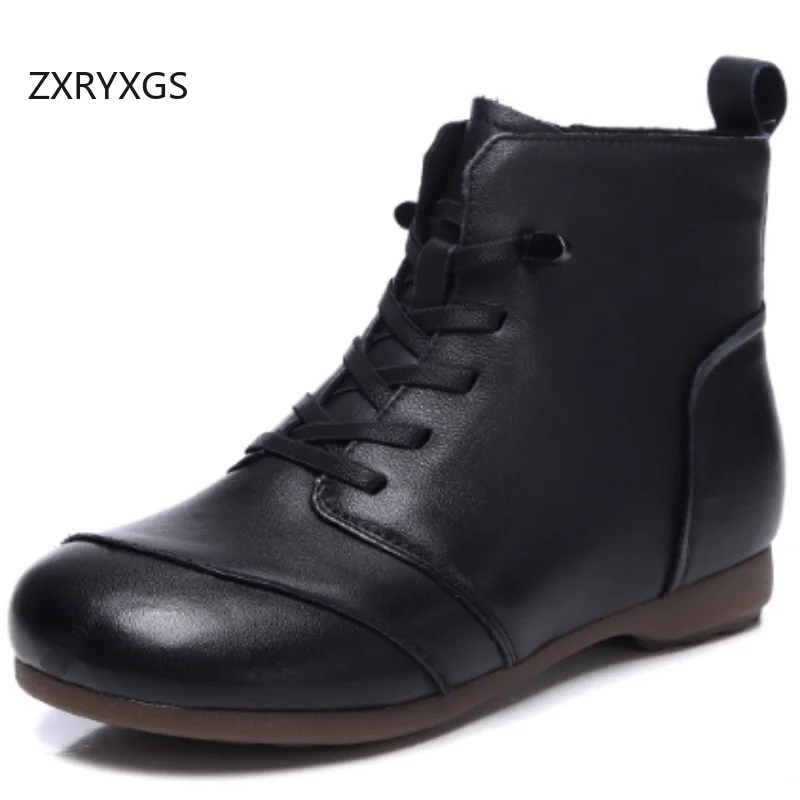 

ZXRYXGS 2025 Winter Premium Soft Top Layer Cowhide Leather Boots Short Comfortable Warm Snow Boots Flat Soft Sole Women's Boots