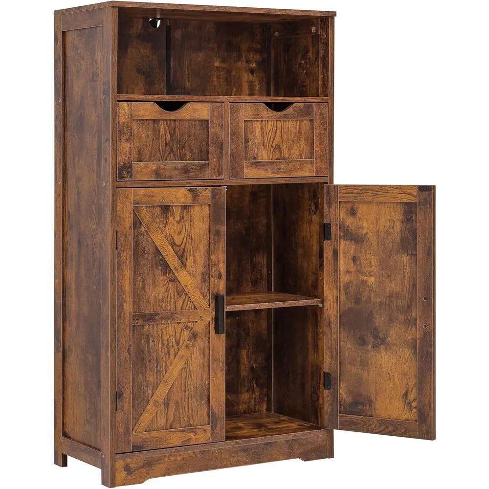 

Floor Storage Cabinet with 2 Adjustable Drawers & 2 Barn Doors, Standing Cupboard with 2 Shelf, for Living Room