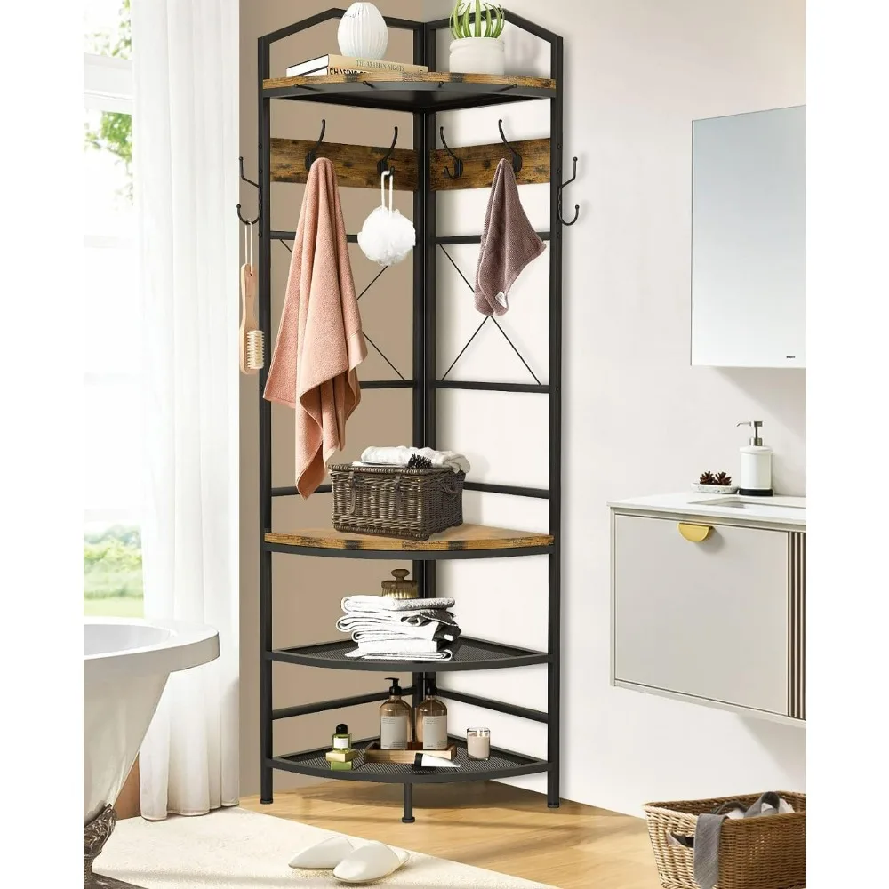 4-Tier Corner Coat Rack with Shoe Storage Entryway, Farmhouse Corner Hall Tree with Bench and 6 Metal Hooks