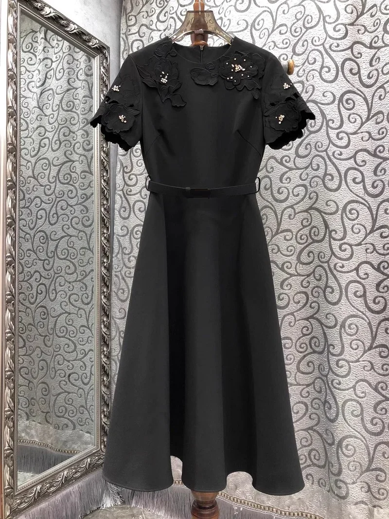 Qualidade superior novo 2025 primavera vestido feminino feito à mão miçangas flor cinto deco manga curta damasco vermelho preto festa balanço vestido xl