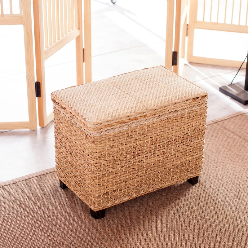 Handknitted Solid Wooden Storage Stool Light Simple Rattan Pouf Breathable Strong Loadbearing Portable Step Stool