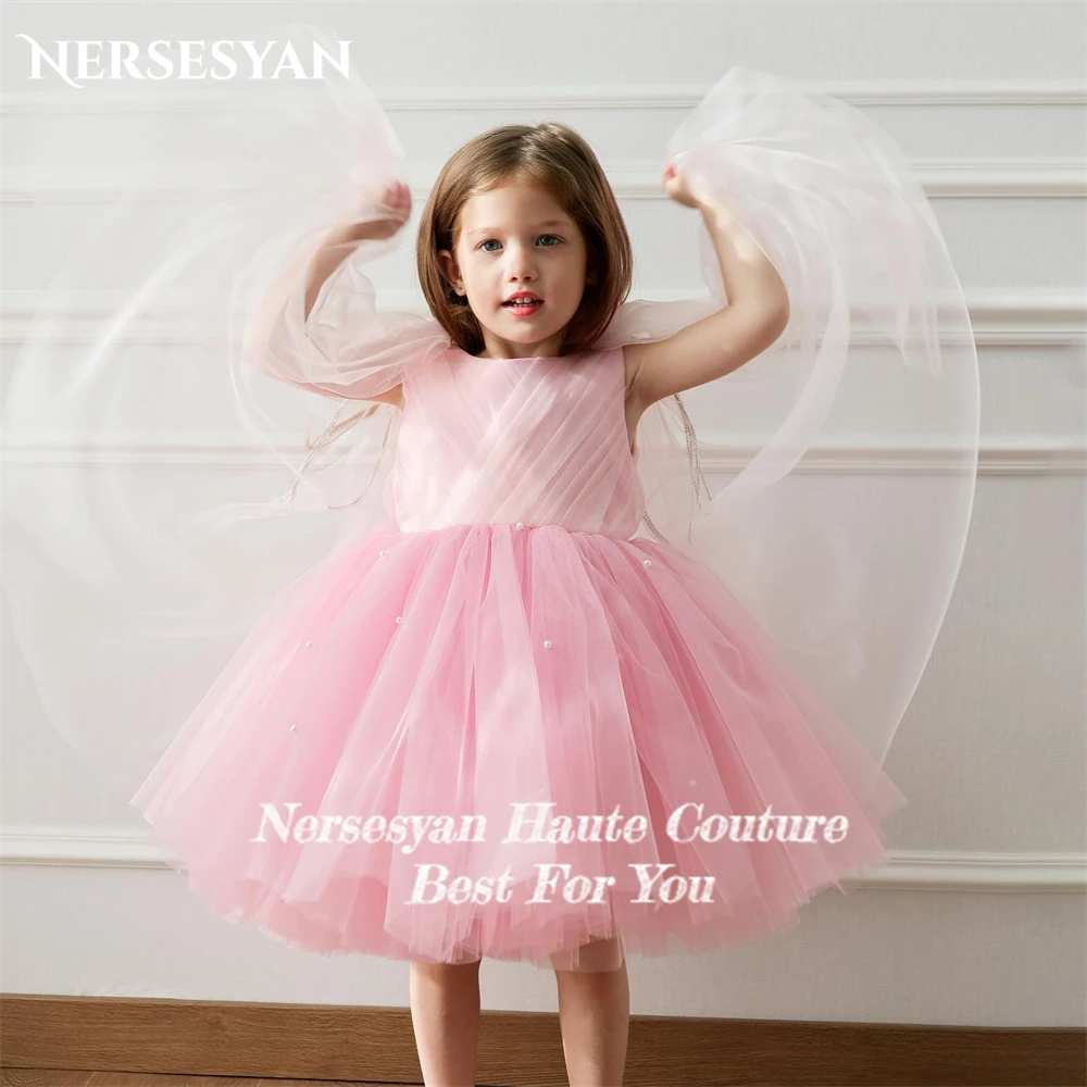 Nersesyan Solid Elegant Tulle Flower Girl Dresses For Wedding Pearls Angel Sleeves A-Line Pleats Tassel Birthday Party Gowns