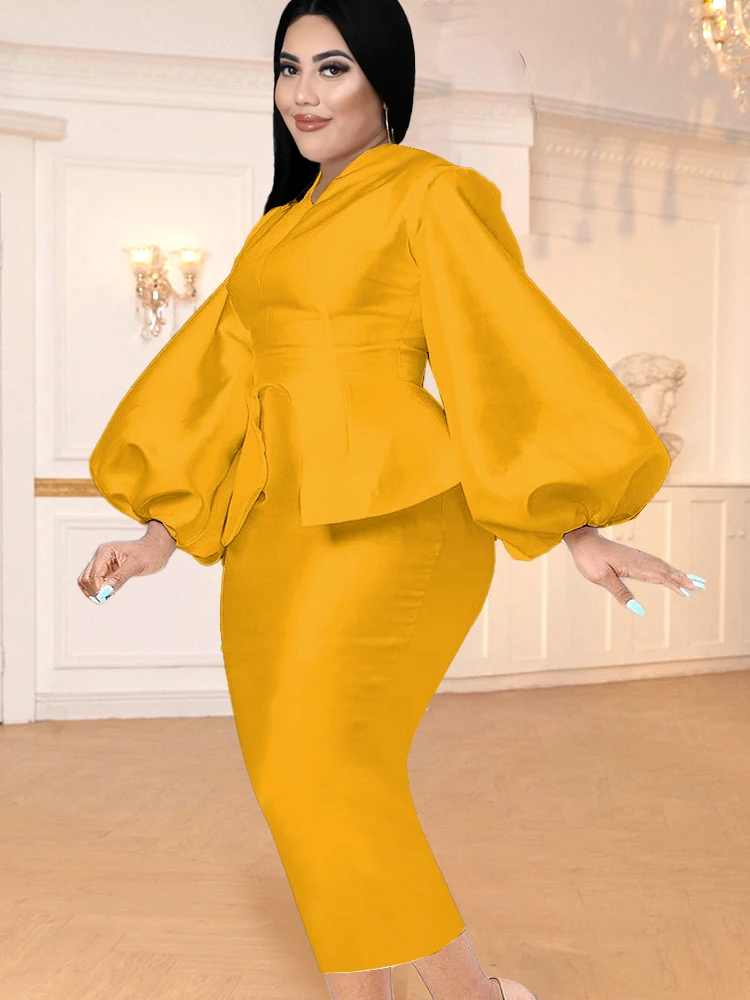 Yellow Dresses Midi Length Long Lantern Sleeve Bodycon Plus Size Dress for Womne Birthday Evening Cocktail Party Gowns Outfits