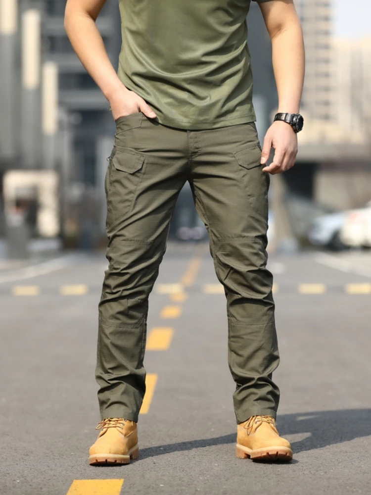 Men's Tactical Trousers Slim Pants Outdoor Overalls Straight Training Multiple Pockets Hiking Fishing Casual Pants IX7