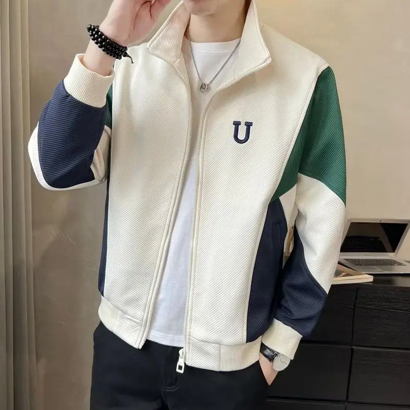 

Fashion Lapel Zipper Casual Embroidery Color Jackets Mens Clothing 2023 Autumn Winter Loose Korean Tops All-match Coats