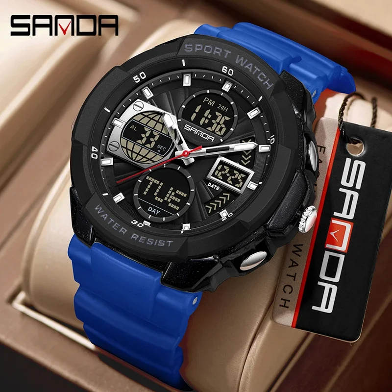 SANDA New Fashion Man Sport Watch Electronic Quartz Dual Movement Waterproof Luminous Timer Alarm Clock Youth LED Digital Watch