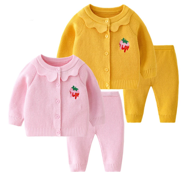 2Piece Spring Fall Toddler Girl Outfits Set Korean Cartoon Cute Baby Cardigan Sweater+Pants Knitted Suit Newborn Clothes BC1518