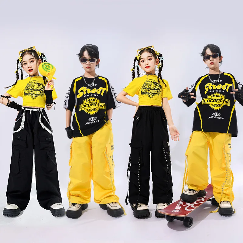 Ragazze Hip Hop Giallo Crop Top Pantaloni cargo Set di vestiti Ragazzi Street Dance T-shirt a contrasto Bambini Costumi jazz Bambini Streetwear