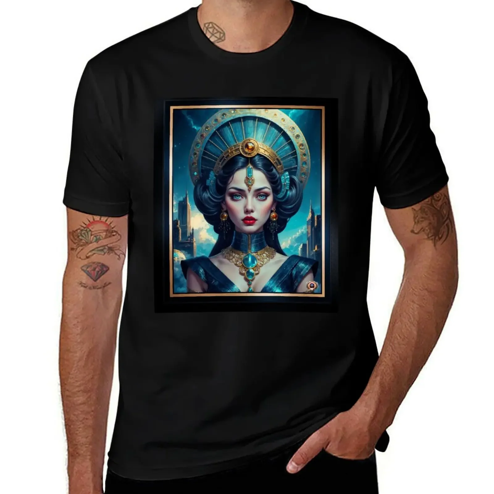

Celestial Portrait Of Aveline Aeraviel Amidst A Starlit Cityscape Striking AI Concept Art by Xzendor7 T-Shirt