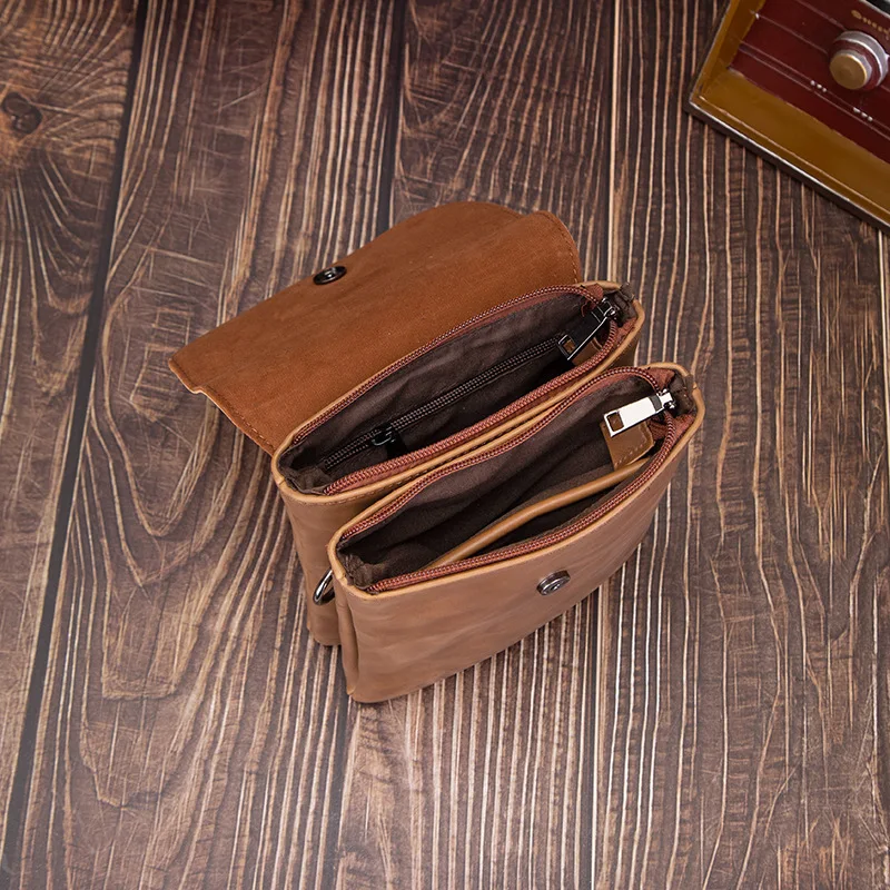 Casual Men's Shoulder Crossbody Bags Fanny Pack Soft Leather Small Dual Layer Messenger Shoulder Satchel Phone Waist Belt Bag