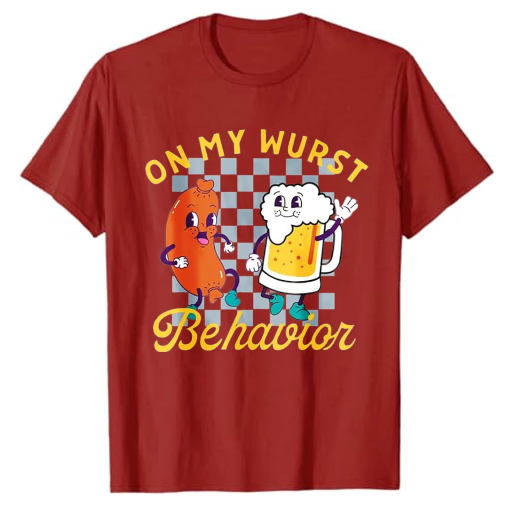 Oktoberfest on My Wurst Behavior Graphic T‑Shirt Cartoon Sausage Beer Mug Character Print Tees Casual Short Sleeve Cotton Tops