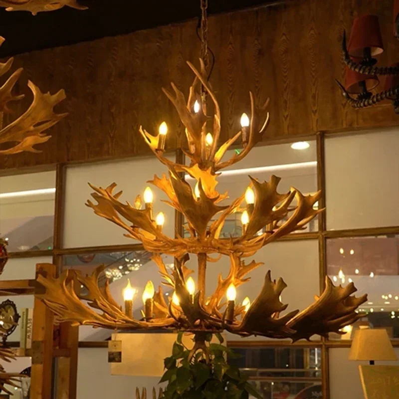 

Retro Country Antler Led Light Candle Pendant Chandelier Lighting Industrial Lamp Resin Deer Horn Hanglamp Table Home Decoration