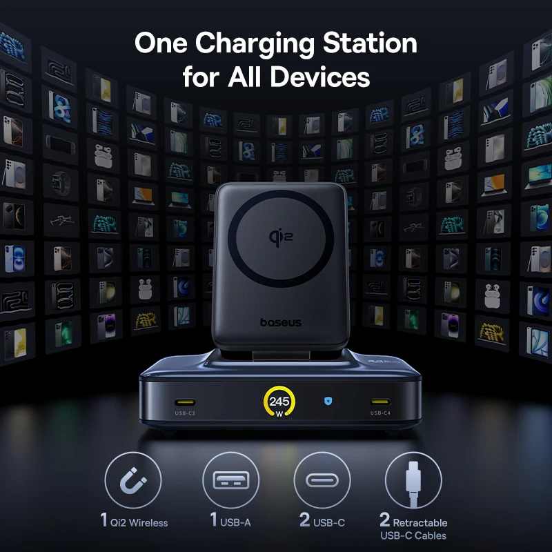 베이스어스 245W 데스크탑 충전기 태블릿 고속 충전기 Qi2 무선 충전기 리트랙터블 케이블 USB C 폰 충전기 아이폰 17 삼성용