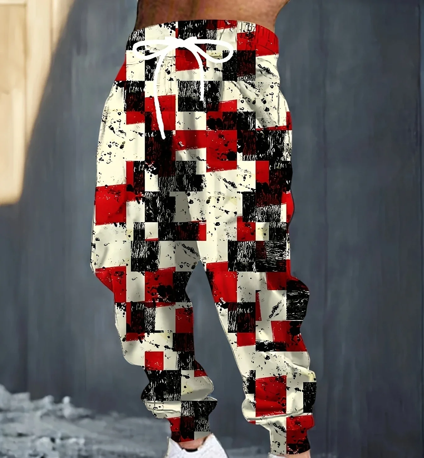 2026 Men's Fashion 3D Geometric Square Print Sweatpants  Drawstring and Pockets  Stylish Long Pants for Home, Sleepwear, Casual