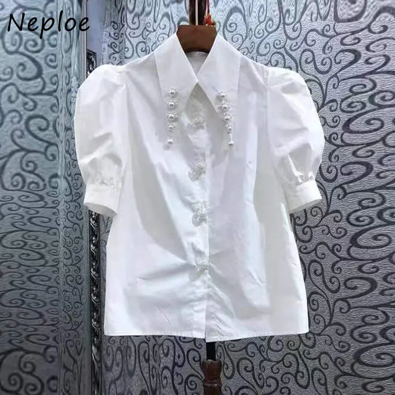 

Neploe Pointed Neck Pearl Three-Dimensional Drop Shirt 2024 Summer French Sweet Puff Sleeve Blouses Femme Gentle Simple Blusa