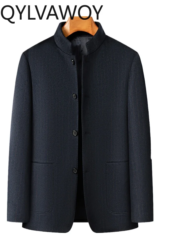 

QYLVAWOY Autumn Winter New Coat Business Casual Stand Collar Outerwear Middle-Aged Men's Dad's Outfit Woolen Clothing LJ2545