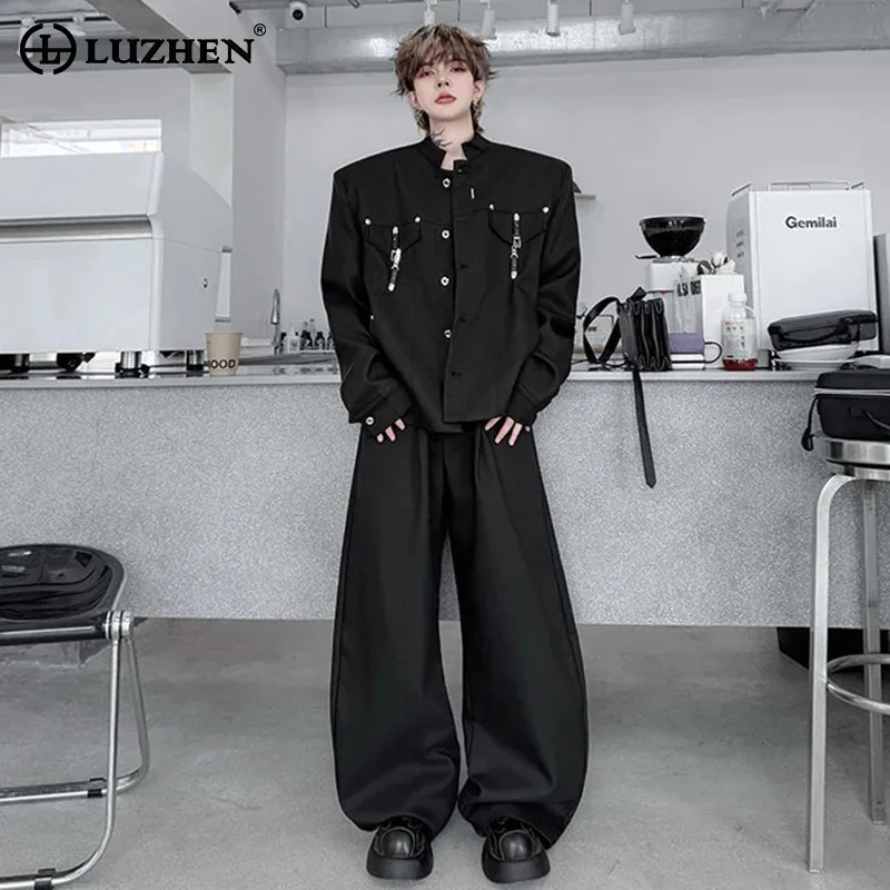 

LUZHEN Fashion Handsome Solid Color Two-piece Sets Men 2025 Autumn Original Metal Buckle Decorate Coat Baggy Casual Pants JY4189