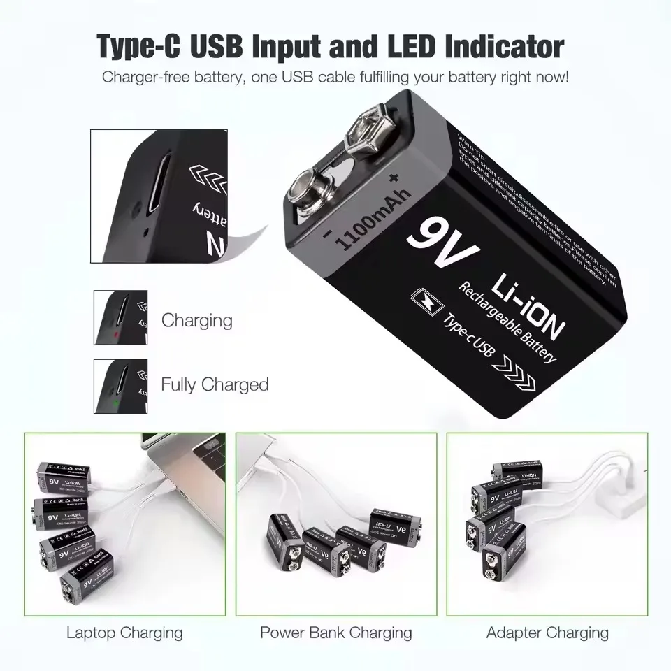 20PCS 9V Rechargeable Battery 1100mAh USB Type-C 6F22 9V Lithium Battery for RC Helicopeter Model Multimeter Toy Electric Guitar