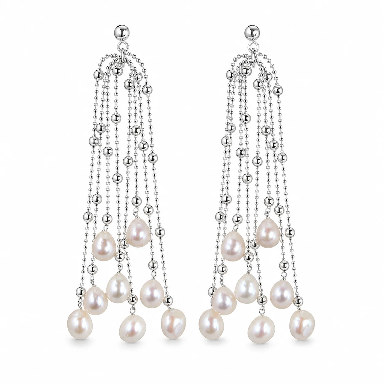 Cultured Freshwater Pearl Tassel Earrings for Women, Long Silver Tone Chain Drop Earrings, Elegant Bridal Party Jewelry