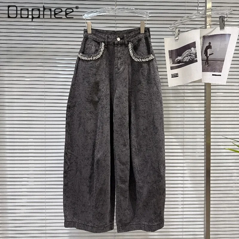 

Новые модные джинсы Y2K с широкими штанинами и высокой талией в корейском стиле, с эффектом потертости, украшенные бисером и стразами, коллекция Весна 2026