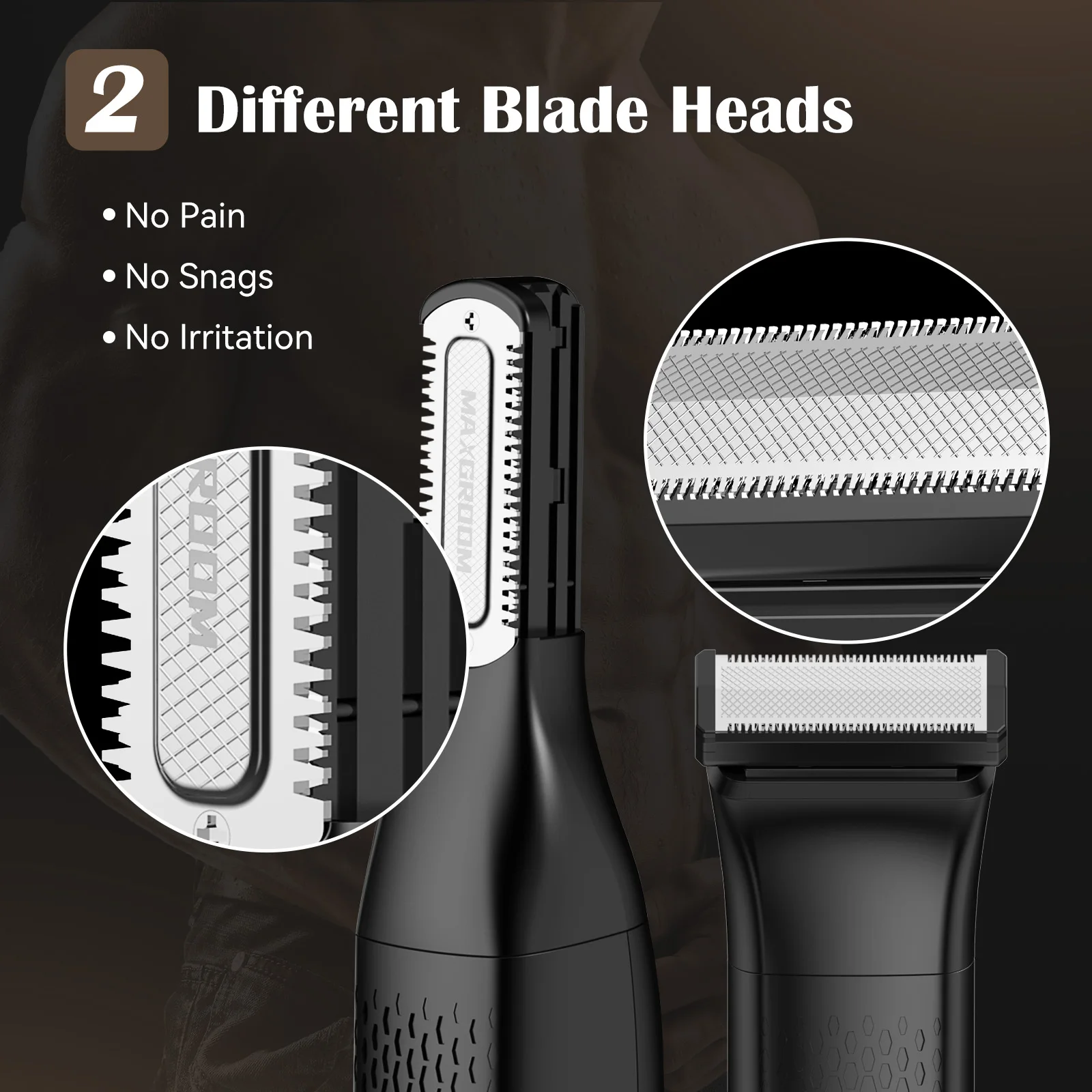 MAXGROOM Electric Body Hair Trimmer for Men Double-Sided Blade IPX6 Waterproof Body Hair Razor for Groin Pubic Body Hair Groomer