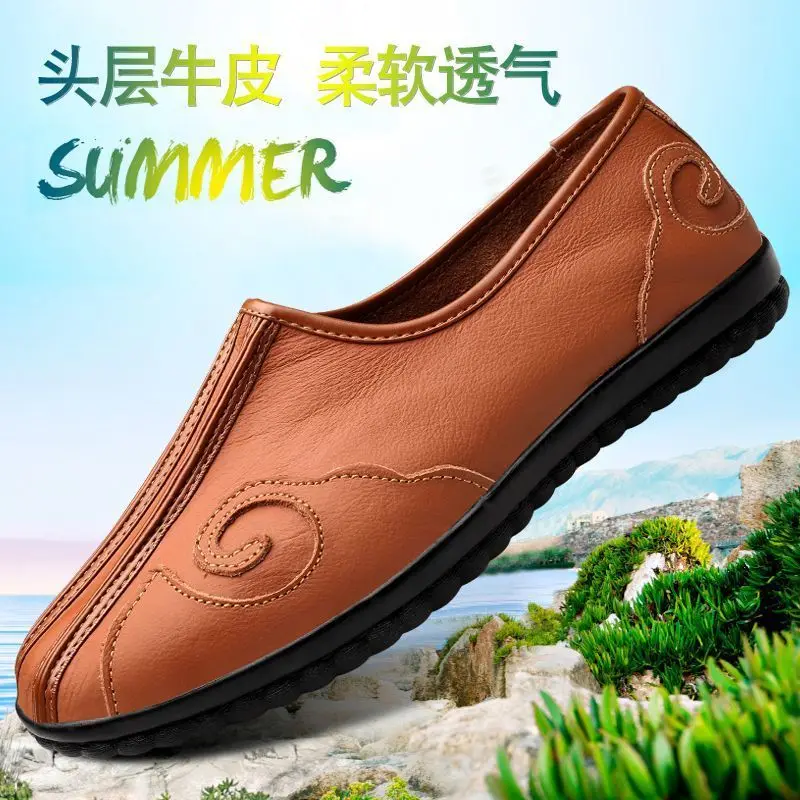 new chinese style men casual flat old peking shoes men genuine leather comfortable antiskid shoes tai chi  exercise kungfu shoes