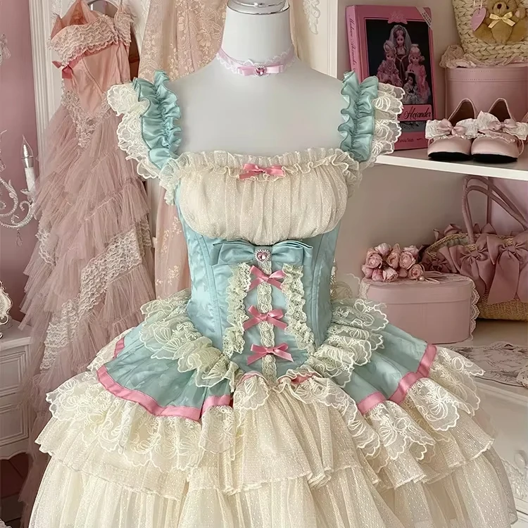 

Girls Ballet Lolita Princess Dresses Women High Waist Slim-Fit Bow Lace Birthday Party Evening Dress 2025Summer Dress Y2k Jsk