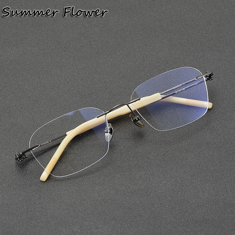 150 ミリメートルハイエンドメンズリムレスアイウェア純チタンレッドサムダル超軽量フレームメガネエレガントな光学処方眼鏡