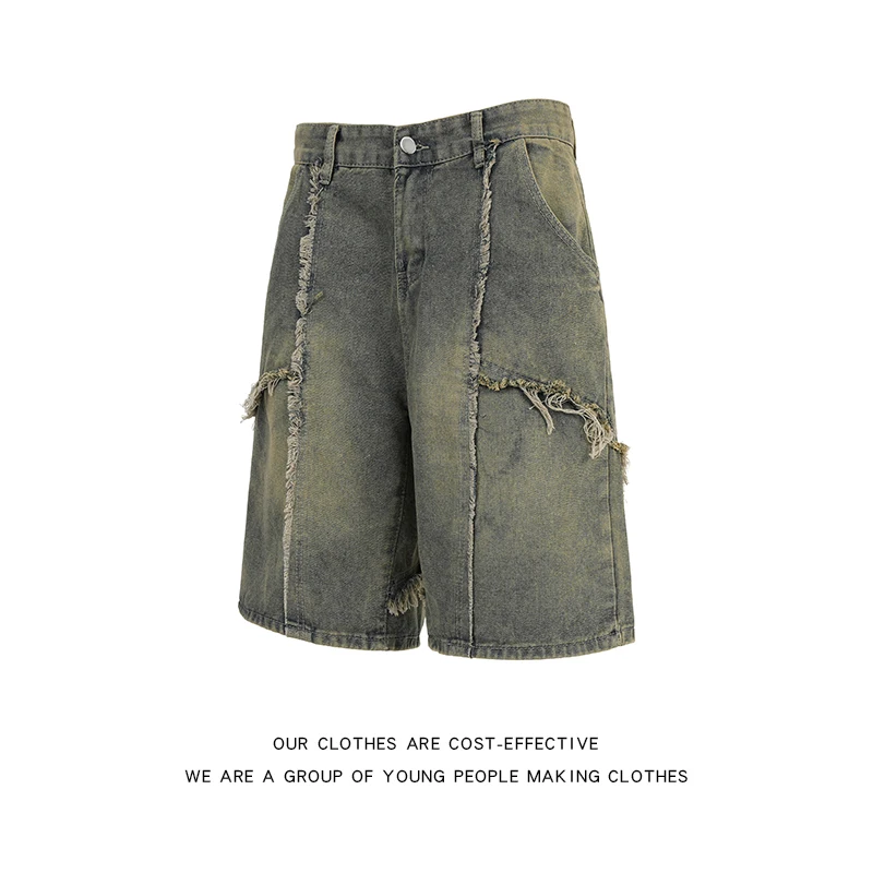 شورت دينم رجالي رائع على الطراز الأمريكي مظهر مهترئ فضفاض بقص مستقيم بخمس دقائق للشباب موضة الصيف