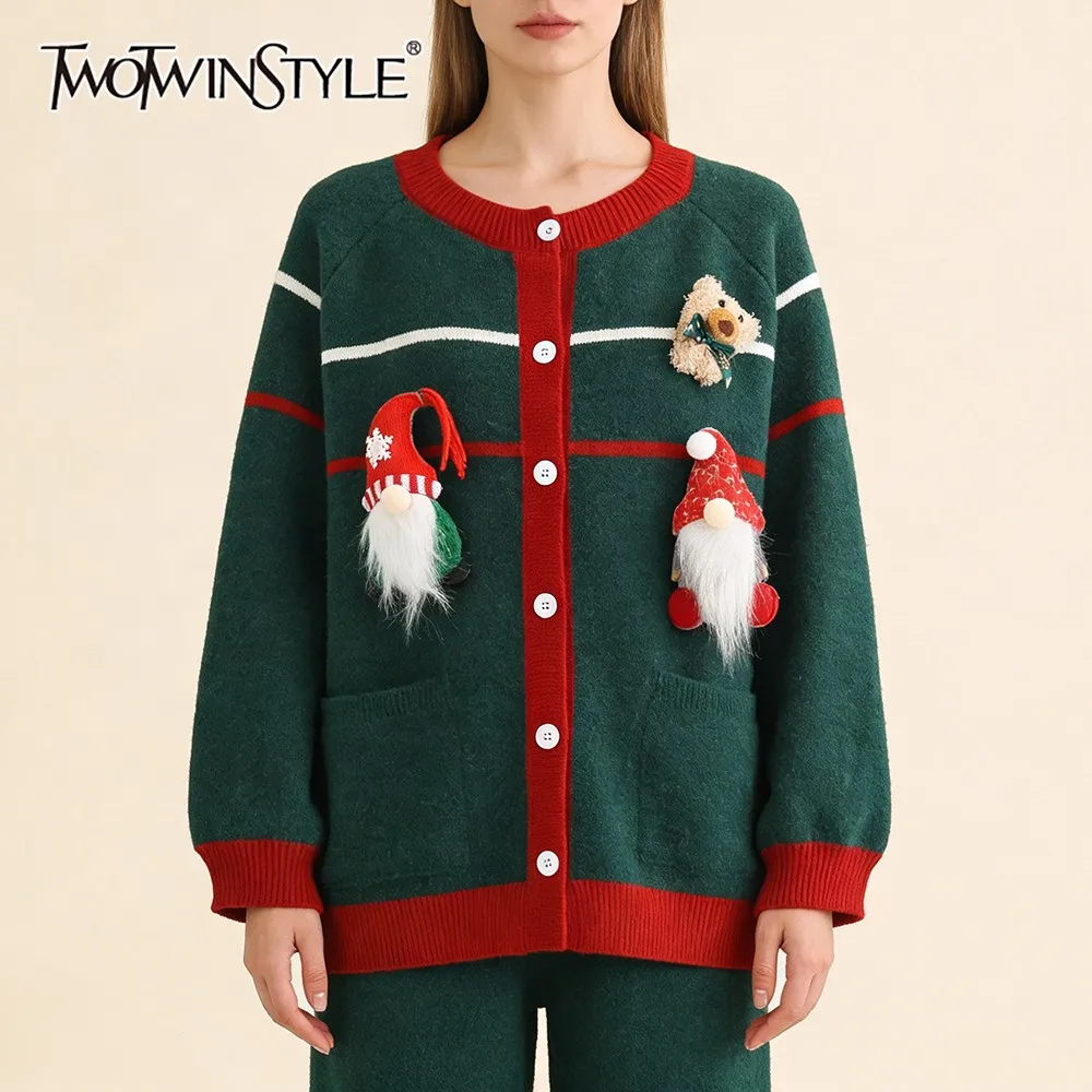 

TWOTWINSTYLE Christmas Hit Clolor Casual Sweater for Women O Neck Long Sleeve Patchwork 3D Doll Home Cardigan Female Winter New