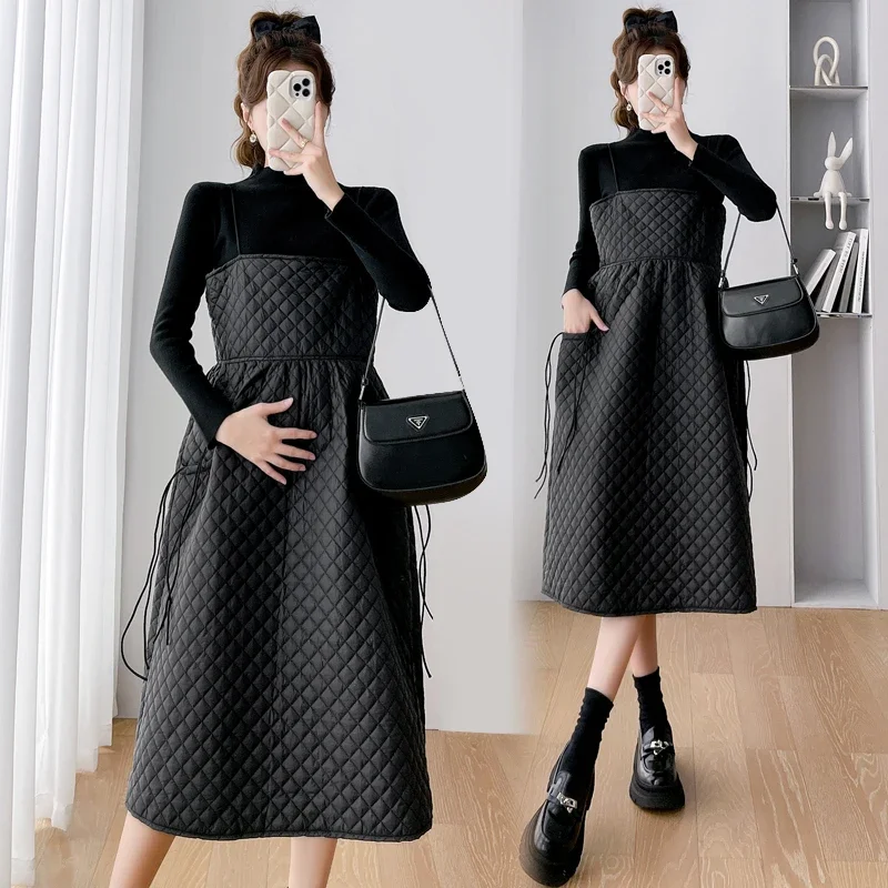 Korean Style Winter Maternity Clothes Set Light Weight Strap Cotton Plaid Dress+long Sleeve Shirts Pregnant Woman Dress Suits