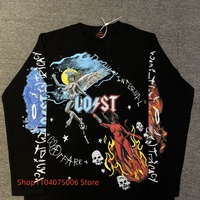 Lost Intricacy Print Mens Cotton Long Sleeve Tee Retro Street Fashion Comfortable Casual Streetwear