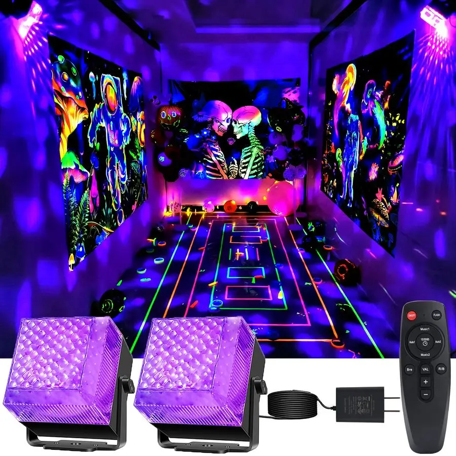 

Световые эффекты для вечеринки на Хэллоуин, стробоскоп, активируемый звуком, с пультом дистанционного управления, УФ-светильники для светящейся вечеринки, дискотеки