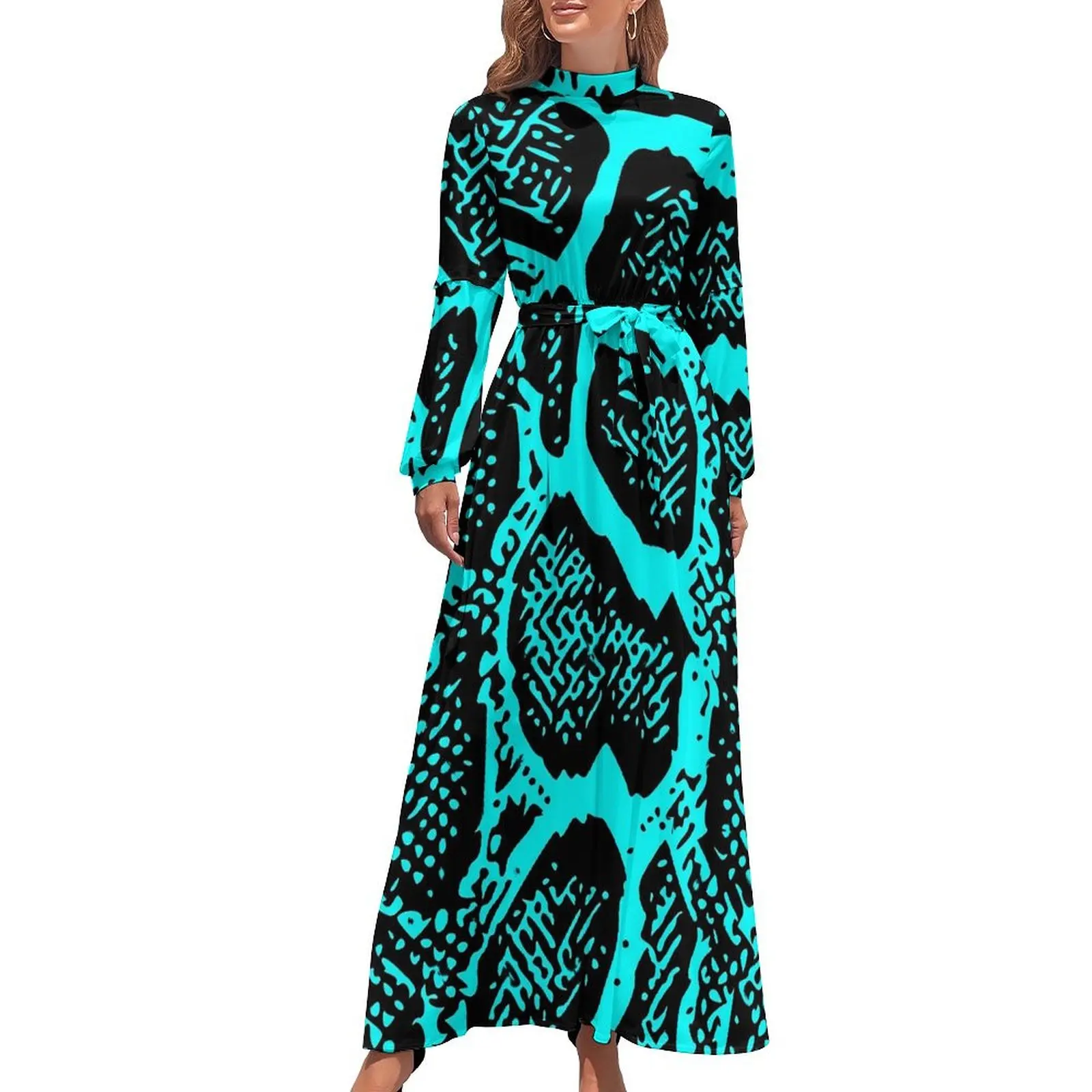 

Snakeskin Dress Long Sleeve Cyan and Black Python Skin Elegant Maxi Dress High Neck Fashion Design Boho Beach Long Dresses Gift