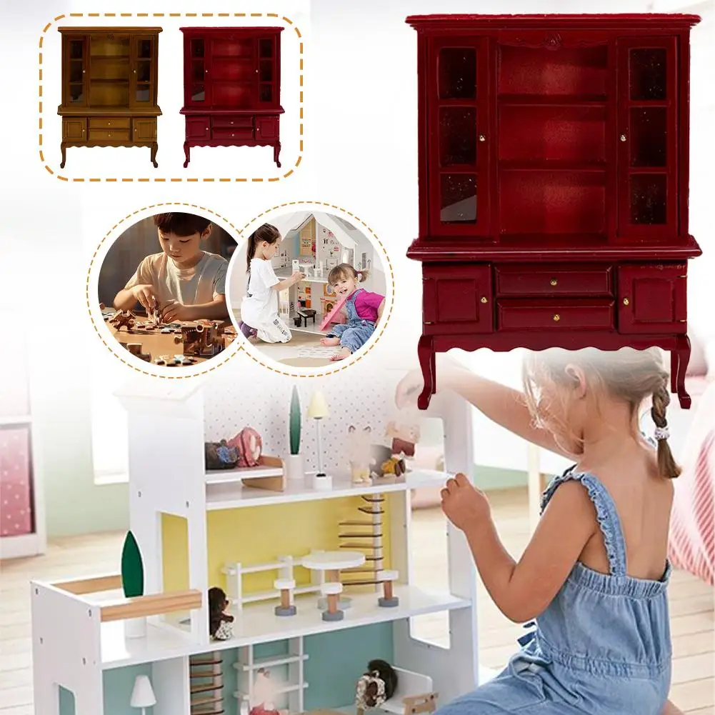 Mini aparador de almacenamiento 1:12, mueble en miniatura de nogal Retro, modelo de comedor, gabinete de almacenamiento