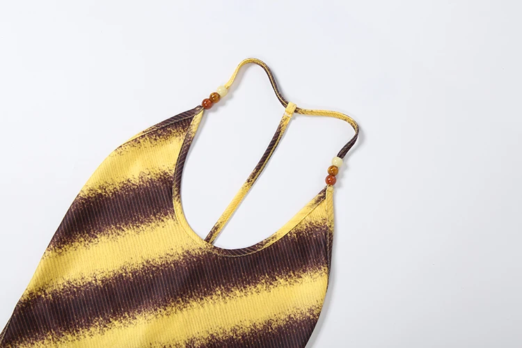 Weird Puss Sexy rückenfreies Kleid mit Kreuzmuster, Damenmode, gestreift, mit Perlenbesatz, ärmellos, heiß, für Strand, Urlaub, Party, figurbetont – Detail 6