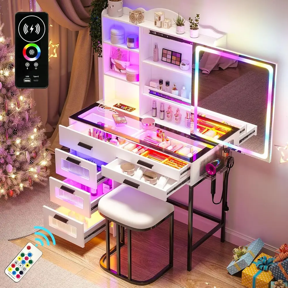 

Glass Top Vanity with LED Mirror, 6 Drawers, Charging Station, Small Makeup Table with RGB Lights, Vanity Set with Chair and Org