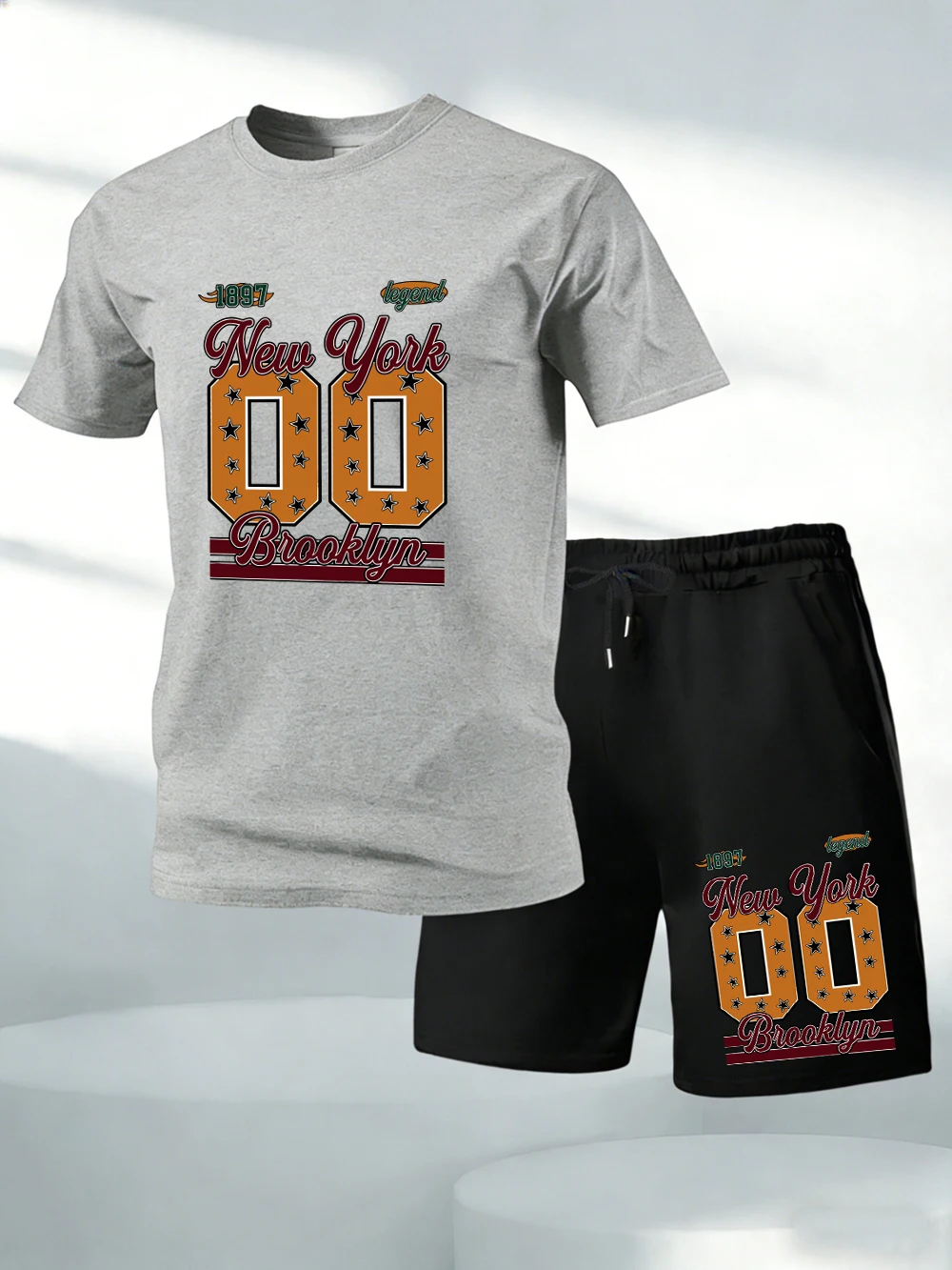 

Two Pieces Set New York Brooklyn 1897 Printed Cotton Tops Shorts Mens Soft O-Neck Oversized T-Shirts Pocket High Waisted Pants