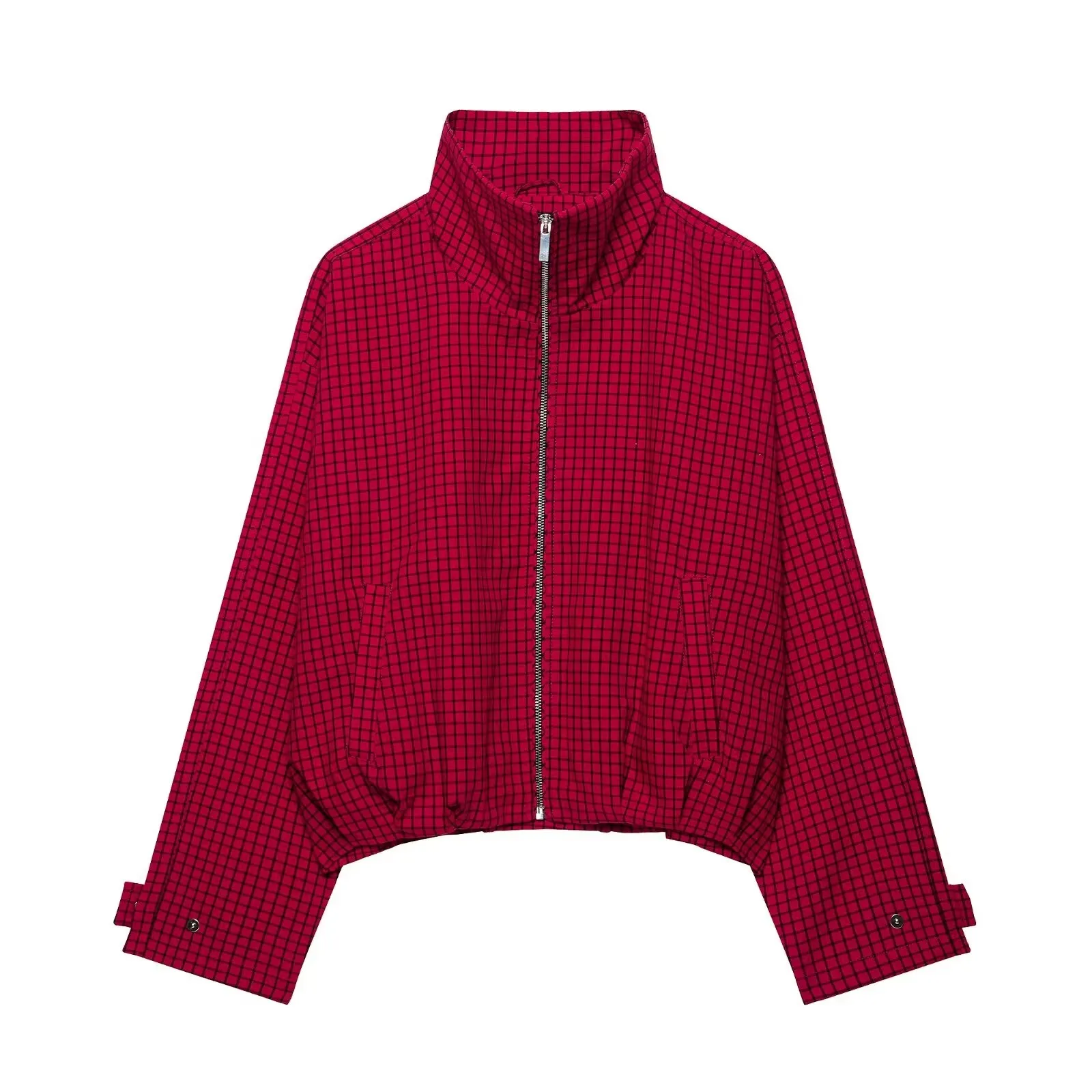 HH Damen Retro Herbst Lose Kurze Jacke Rot Kariert Reißverschlusstaschen Langarm Oberbekleidung Stehkragen Eleganter Partymantel – Detail 2