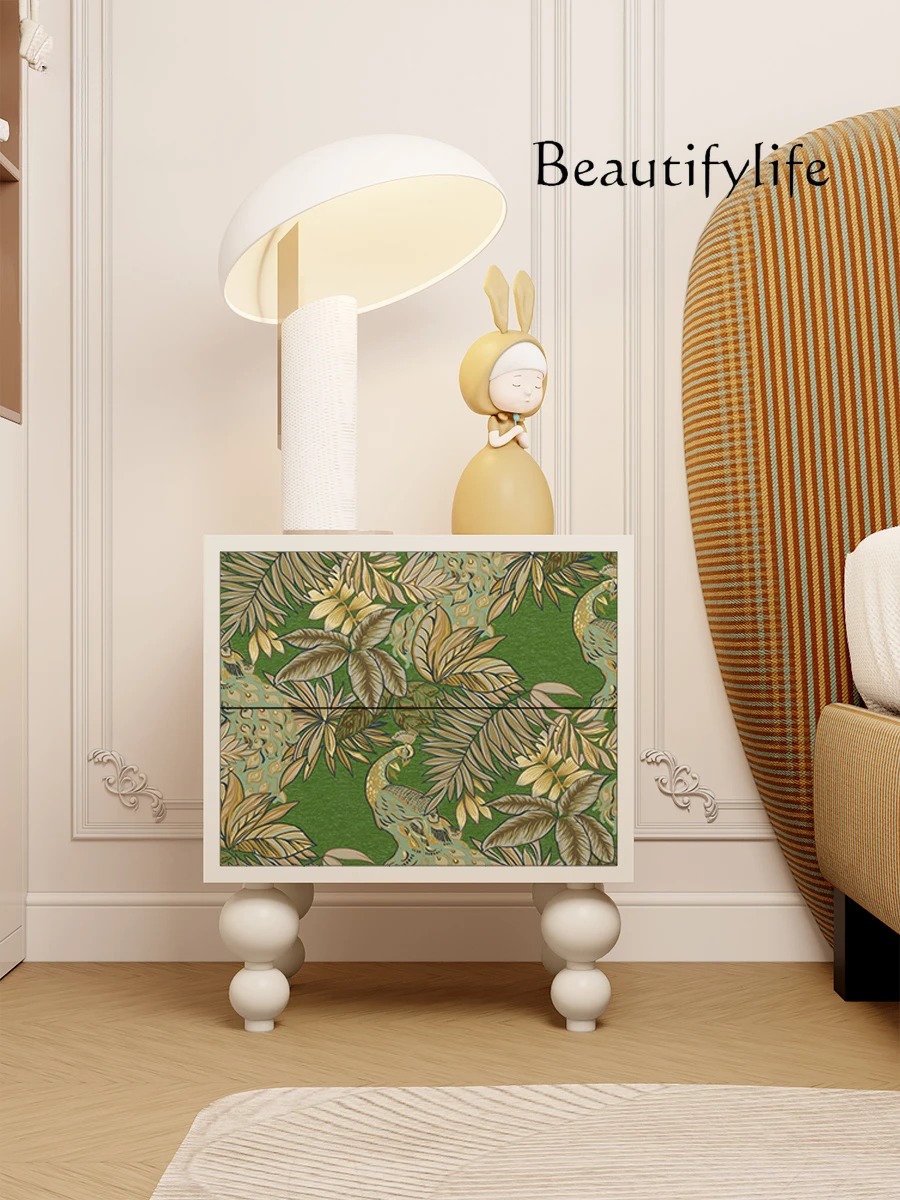 European-Style Simple Modern Green Flower and Bird Solid Wood Bedside Storage Bedroom Drawer Locker