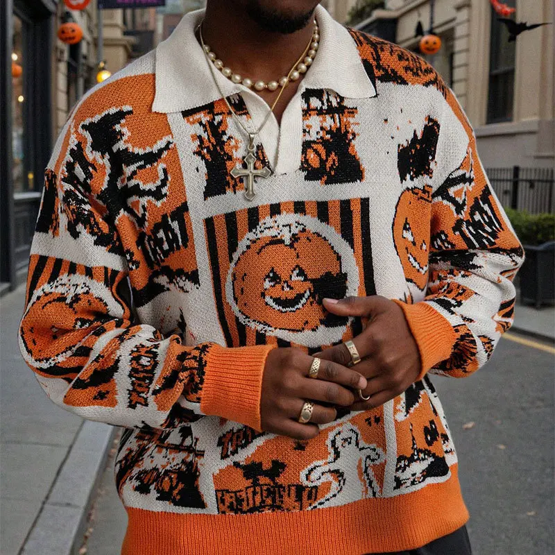 

Мужской веселый свободный и универсальный вязаный свитер с длинными рукавами и круглым вырезом в стиле ретро, осень-зима 2021.