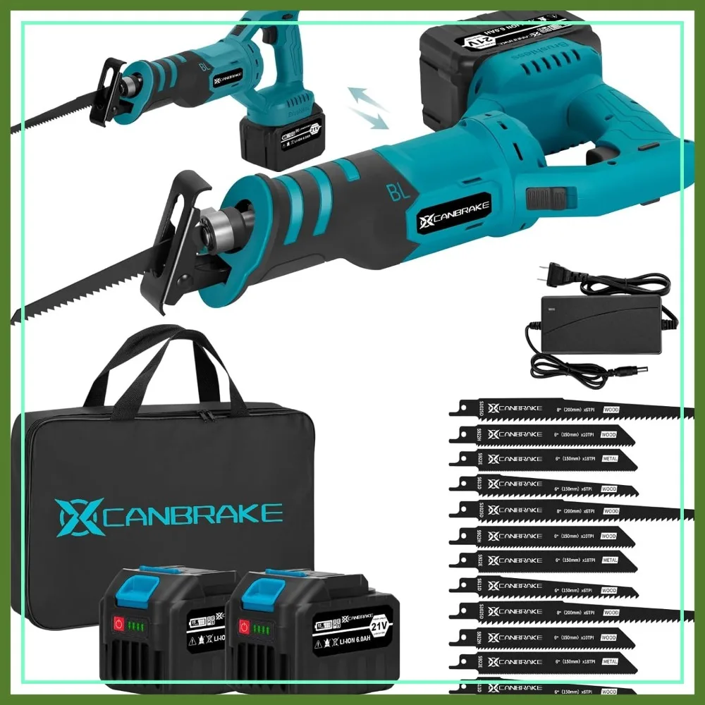 

Cordless Reciprocating Saw 28mm Stroke, 2x6.0Ah Batteries, 12 Blades, Rotatable Handle 180°, for Wood/Metal/PVC