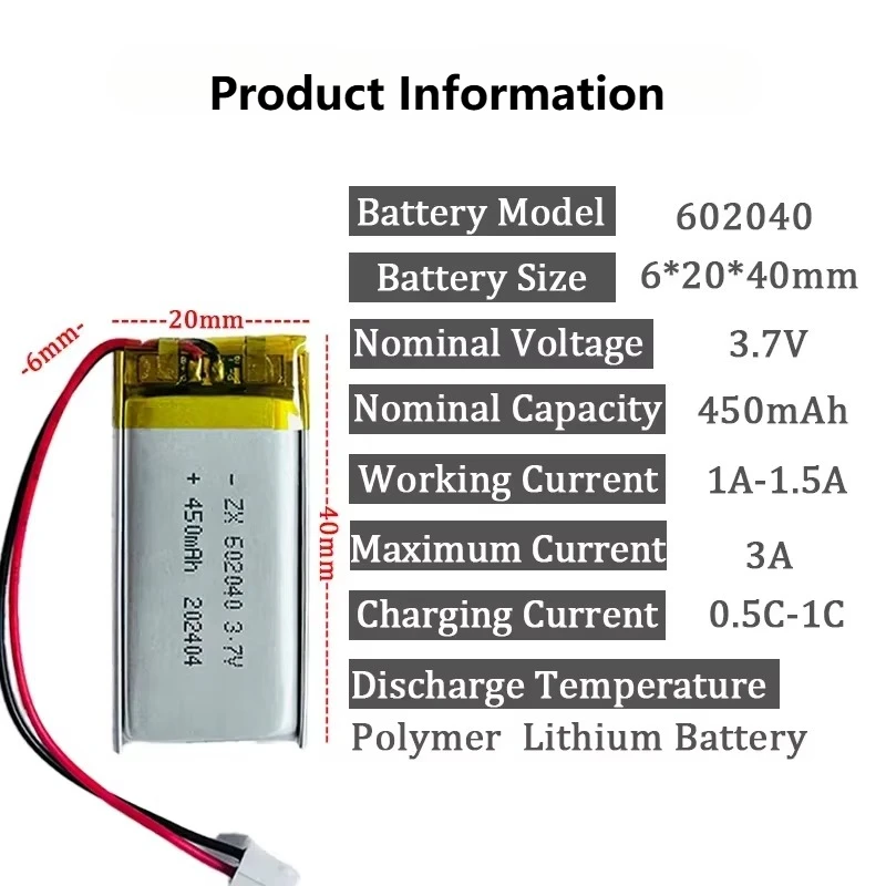 3.7V 450mAh 602040 Lithium Polymer Li-ion Rechargeable Battery for GPS MP3 MP4 MP5 Car DVR Tachograph Headphone Li Ion Cell