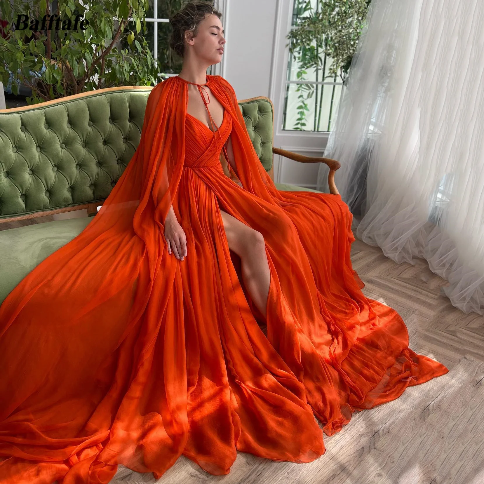 Bafftafe Orange Thin Chiffon Long Prom Dresses Long Sleeves Wraps V-Neck Slit Formal Evening Party Gowns Women Wear Customized