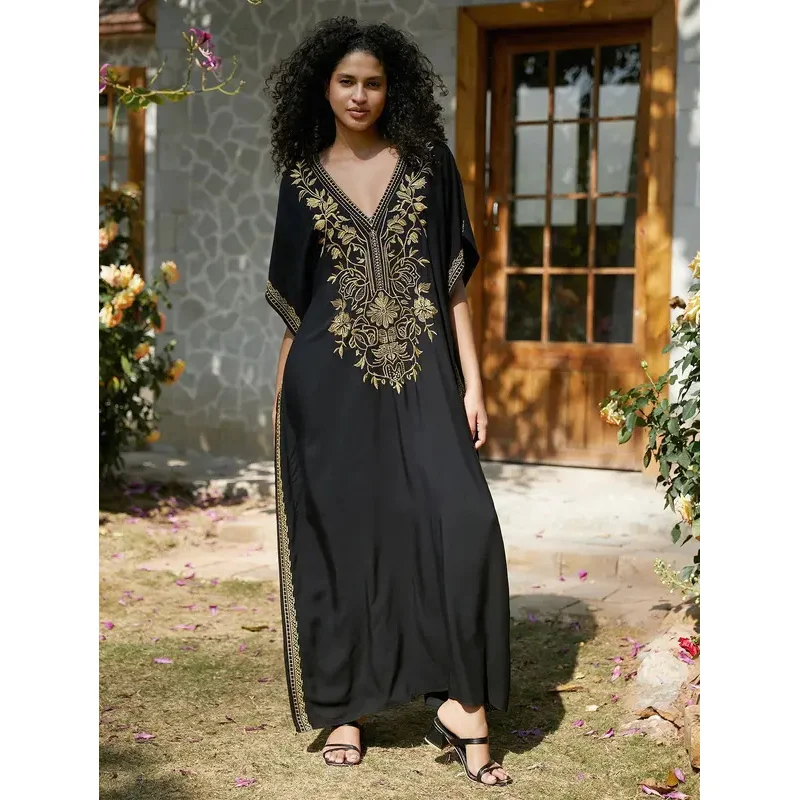 

Длинные платья-кафтаны с золотой вышивкой, с V-образным вырезом, пляжные накидки для женщин