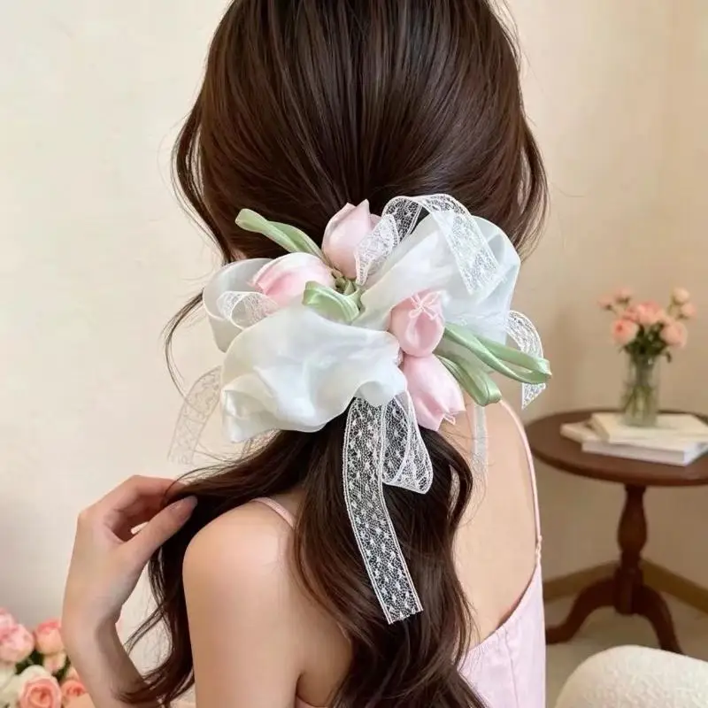 Haargummis für Damen, neue koreanische Tulpen, süße, zarte Spitze, vielseitige elastische Haarbänder, hochwertige Haaraccessoires für Mädchen – Detail 3